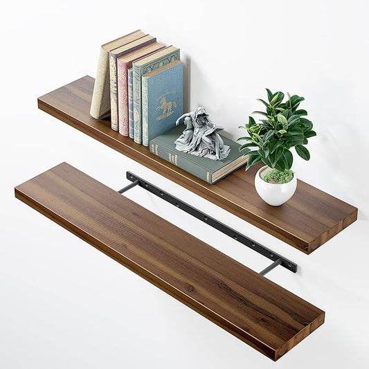BATODA Set of 2 36" Acacia Floating Shelves for Wall – Rustic Farmhouse Floating Shelves - Wooden Wall Storage Shelf Home Décor - DIY Floating Book Shelves - with Brackets & Hardware (Walnut Color)-NeatNest