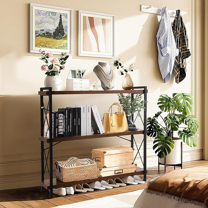 3 Tier Bookshelf 35.43" Width, Rustic Open 3 Shelf Short Bookcase with Metal Frame, Industrial Book Shelf for Home Office Bedroom Living Room (Rustic Brown)