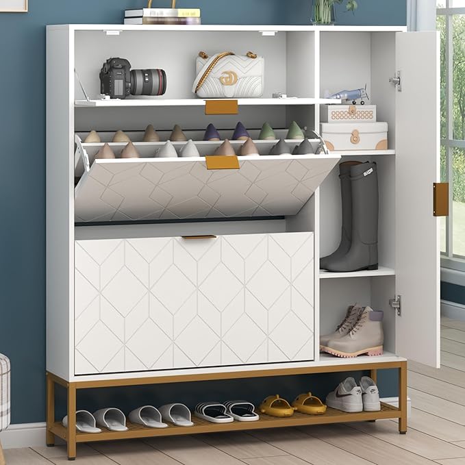 Loomie Shoe Cabinet,Freestanding Tipping Bucket Shoe Rack Organizer with 2 Flip Drawers,Entryway Narrow Shoe Storage with Adjustable Storage Shelf &Top Cubby,Modern Slim Hidden Shoe Cabinet, White-NeatNest