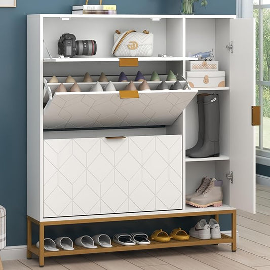 Loomie Shoe Cabinet,Freestanding Tipping Bucket Shoe Rack Organizer with 2 Flip Drawers,Entryway Narrow Shoe Storage with Adjustable Storage Shelf &Top Cubby,Modern Slim Hidden Shoe Cabinet, White-NeatNest