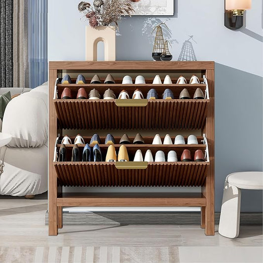 Modern 2-Tier Flip Drawer Shoe Cabinet, Freestanding Hidden Slim Narrow Shoe Rack Cabinet, Wooden Large Capacity Shoe Storage Cabinet Shoe Organizer, for Entryway, Hallway, Walnut-NeatNest