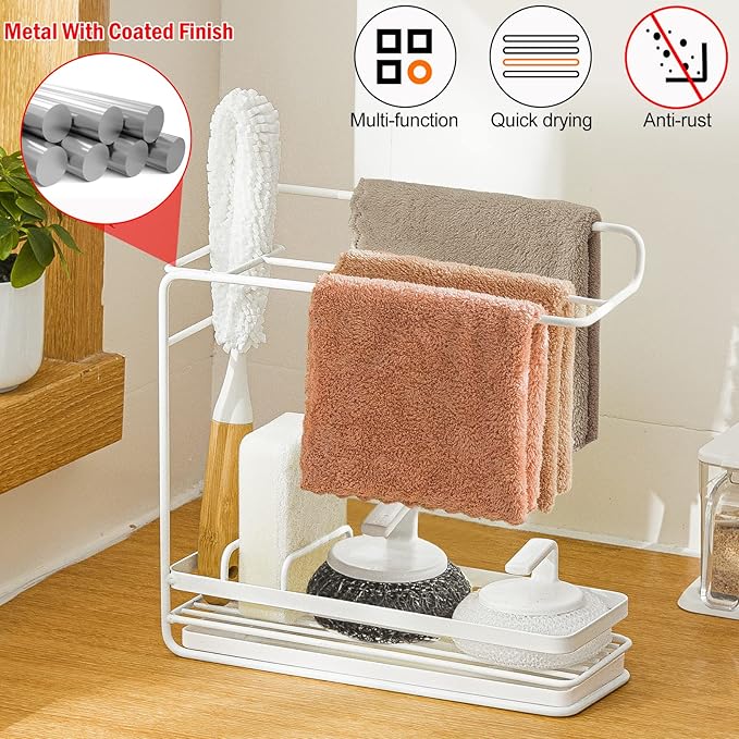 Poeland Sponge Holder with Drain Pan, Kitchen Sink Caddy Organizer for Sponge Brush Soap Dish Dishcloth Rack (Large Size)