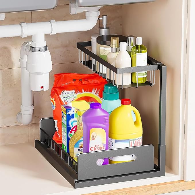 VUSIGN Under Kitchen Sink Organizer 2 Tier, Pull Out Under Sink Organizers and Storage, Bathroom Cabinet Kitchen Organization Storage Shelf, 1 Pack Black-NeatNest
