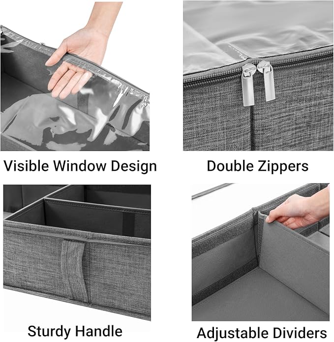 2 Packs Under Bed Storage Containers, Foldable Clothes Draw Organizers with Adjustable Dividers, Handles, Clear Window, Closet Storage Bins for Clothing, Shoes, Blankets-NeatNest
