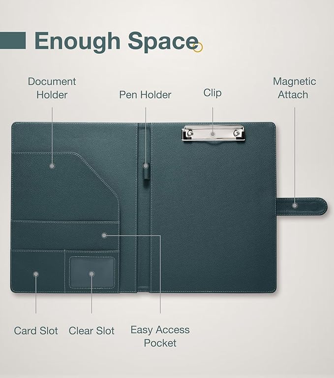 Clipboard Folder Padfolio A4, Mymazn Writing Portfolios Faux Leather Clipboards with Cover for Legal Pad Holder Letter Size 8.5 x 11 for Business Conference Notepad Clip Board (Gray Green)-NeatNest