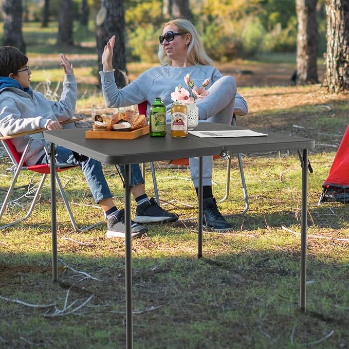 Goplus 34" Square Folding Card Table, Foldable Plastic Folding Tables, Portable Fold Up Table w/Handle, White Indoor Outdoor Utility Bi-Folding Commercial Table for Picnic, Party, Dining, Camping, BBQ-NeatNest