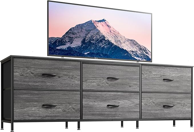 Huuger 63 Inch Long Dresser for Bedroom, Wide TV Stand for 55, 65, 70 Inch TV, 6 Drawer Dresser for Closet with Fabric Drawers, Storage Organizer for Bedroom, Entryway, Grey-NeatNest