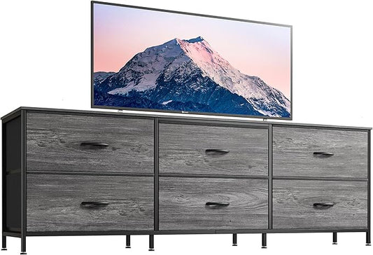 Huuger 63 Inch Long Dresser for Bedroom, Wide TV Stand for 55, 65, 70 Inch TV, 6 Drawer Dresser for Closet with Fabric Drawers, Storage Organizer for Bedroom, Entryway, Grey-NeatNest