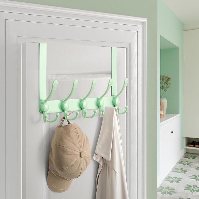 Dseap Over Door Hook 2.0 - Upgraded Version - Simple-Assembly, Strong, Heavy-Duty Stainless Steel 5-Tri-Hook Over The Door Hanger Rack, SimpleStrong Series, Green