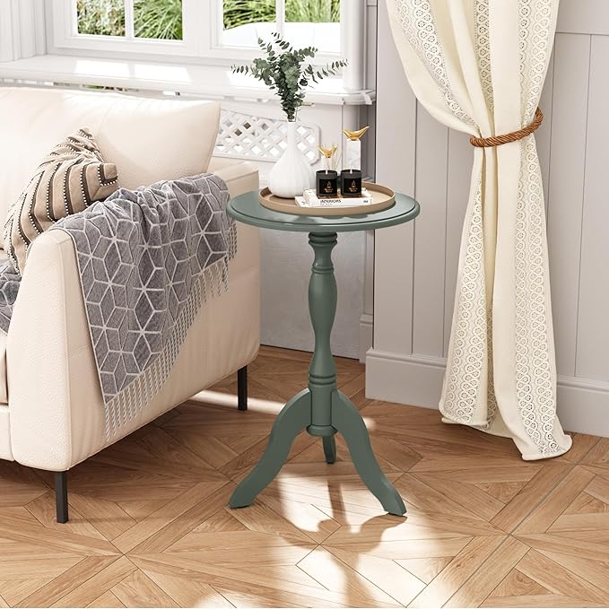 HLR Round Small End Table, Wooden Pedestal Side Coffee Tables, Vintage Accent Nightstand for Living Room, Bedroom, Entryway (2, Green)