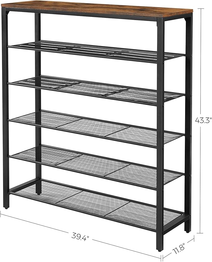 VASAGLE 6-Tier Shoe Rack, Shoe Organizer for Closet, Entryway, 24-30 Pairs of Shoes, Large Shoe Rack Organizer with 5 Metal Mesh Shelves, 11.8 x 39.4 x 43.3 Inches, Rustic Brown and Black ULBS016B01-NeatNest