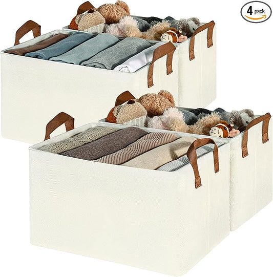 GRANNY SAYS Closet Storage Baskets, Collapsible Fabric Storage Bins with Metal Frame, Clothes Organizer Bins, Large Baskets for Shelves, Ivory, 4-Pack-NeatNest