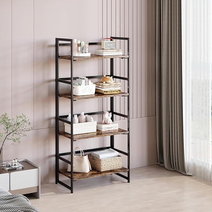 BHG Vintage Multifunctional Folding Bookshelf, No-Assembly Plant Stand Storage Rack Shelves for Home Office (Fire, 4-Tier)-NeatNest