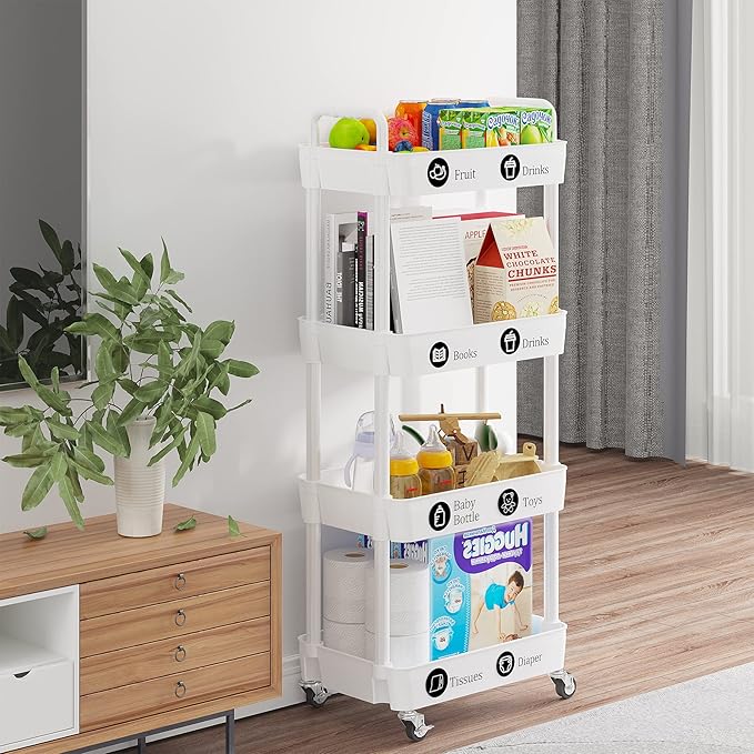 Laiensia 4-Tier Storage Cart,Multifunction Utility Rolling Cart Kitchen Storage Organizer,Mobile Shelving Unit Cart with Lockable Wheels for Bathroom,Laundry,Living Room,With Classified Stickers,White-NeatNest