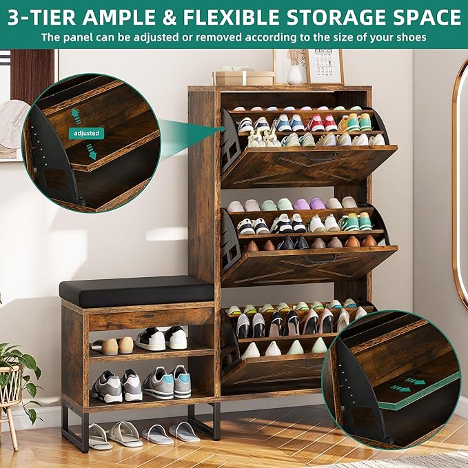 YITAHOME Farmhouse Shoe Cabinet with 3 Flip Drawers for Entryway, Shoe Storage Cabinet with Shoe Bench, Narrow Slim Shoe Rack Organizer for Entrance, Living Room, Hallway, Rustic Brown-NeatNest
