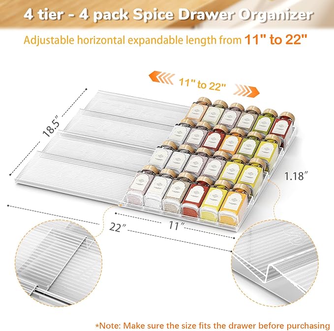 2-Tier Spice Drawer Organizer 4 Pack, Expandable from 11" to 22" Clear Acrylic Spice Rack for Drawer, Kitchen Spice Organization, Seasoning Organizer Holds Up to 48 Jars(Jars Not Included)-NeatNest