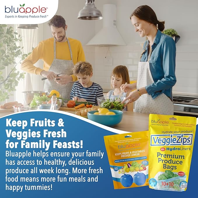 Bluapple Produce Saver Ethylene Gas Absorber & VeggieZips Ultimate Starter Pack Bundle - Fresh Vegetables & Fruits Saver, Produce Storage, Fruits & Veggies Keepers for Refrigerator, Regulates Humidity-NeatNest