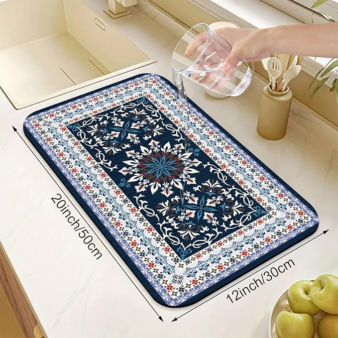 Boho Geometric Rug Dish Drying Mats Super Absorbent Dish Drainer Rack Pad Non-Slip Drying Mat for Kitchen Counter, 20"x12"-NeatNest