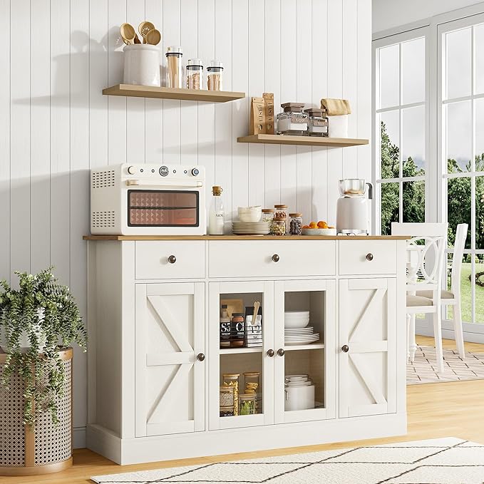 4 EVER WINNER Buffet Cabinet with Storage, 55" Farmhouse Sideboard Buffet Cabinets with Drawers and Glass Doors, Coffee Bar Cabinet for Kitchen, Living Room, White-NeatNest