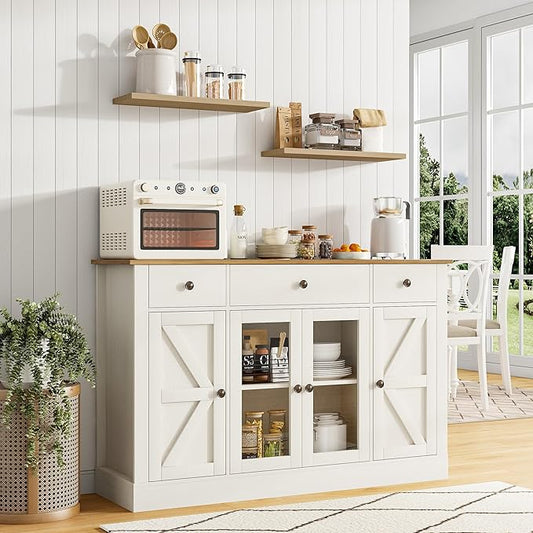 4 EVER WINNER Buffet Cabinet with Storage, 55" Farmhouse Sideboard Buffet Cabinets with Drawers and Glass Doors, Coffee Bar Cabinet for Kitchen, Living Room, White-NeatNest