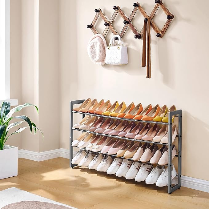 FAVOOSTY 4-Tier Expandable Shoe Rack, Adjustable Shoe Shelf Storage Organizer Space Saving Metal Free Standing Shoe Rack for Entryway Closet Doorway, Silver Grey-NeatNest