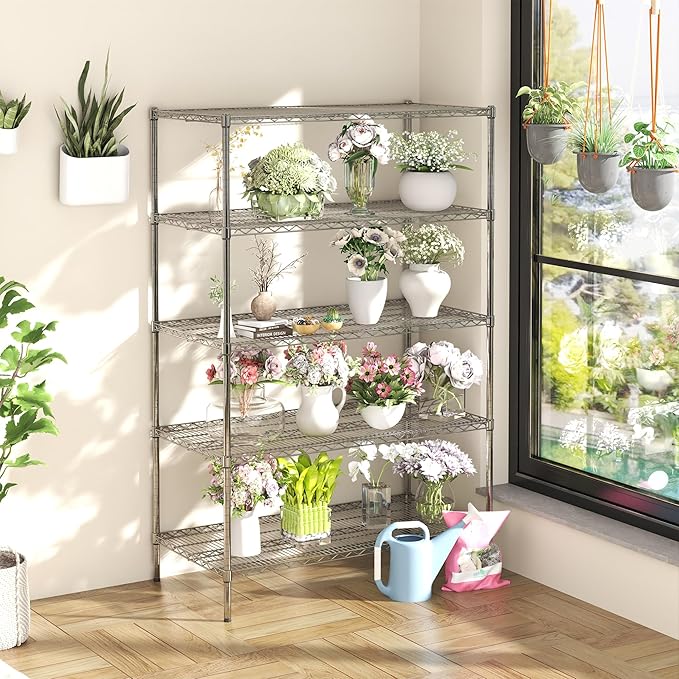 5-Tier Metal Storage Shelving Unit, Adjustable Storage Rack Display Shelves, Industrial Steel Wire Shelf on Wheels, Commercial and Home Use, 48”W x 24”D x 72”H, 1500 LBS Capacity-NeatNest