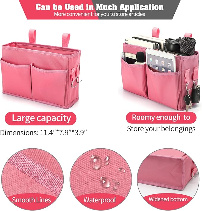 Bunk Bed Organizer, Bedside Caddy Hanging Bed Organizer Storage Bag with 4 Pockets and 2 Hooks, for College Dorm Rooms Bed, Hospital Bed, Baby Bed Rails, 600D Oxford Cloth (Pink)-NeatNest