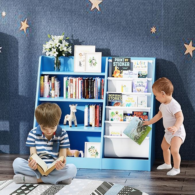 Blue 4 Tier Kids Wooden Bookshelf,Five Layer Sling Bookcase,Baby Storage Book Rack,Child Book and Toy Organizer Cabinet Chest,Toddler Book Display Playroom Kids Room Bedroom Classroom Nursery Library-NeatNest