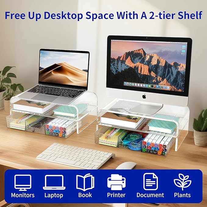 Acrylic Clear Desk Organizer and Accessories, 2-Tier Computer Monitor Stand Riser with Drawer, Laptop Stand, Office Desk Accessories for Office Supplies, Transparent