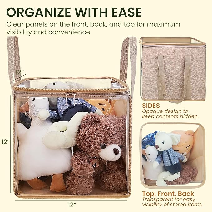 holay 2 Pack Storage Bins PVC Boxes with Transparent Lid & Handles - Durable & Foldable - Multi-Purpose Organizer for Clothes, Books, and More (Brown, Large)-NeatNest