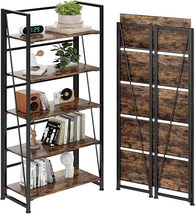 BHG Vintage Multifunctional Folding Bookshelf, No-Assembly Plant Stand Storage Rack Shelves for Home Office (Fire, 5-Tier)-NeatNest