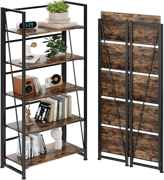 BHG Vintage Multifunctional Folding Bookshelf, No-Assembly Plant Stand Storage Rack Shelves for Home Office (Fire, 5-Tier)-NeatNest
