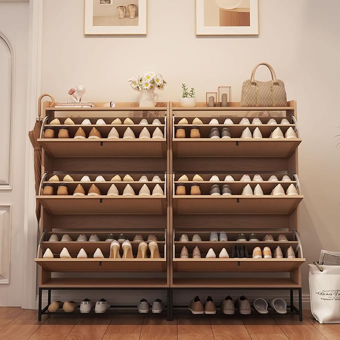 AVZEAR Narrow Shoe Storage Cabinet with 3 Flip Drawers, Freestanding Shoe Organizer Wooden Closed Shoe Rack, Slim Shoe Cabinet Storage for Entryway, Hallway, Living Room (Natural)-NeatNest