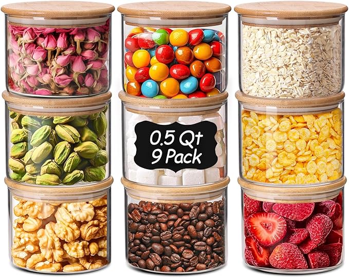 ComSaf 0.5 Qt Glass Food Storage Jars Set of 9, Clear Glass Storage Containers with Lids, Pantry Organization Jar, Spice, Salt, Blooming Tea, Coffee, Oat and Sugar Container, Small jar Set for Kitchen-NeatNest
