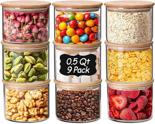 ComSaf 0.5 Qt Glass Food Storage Jars Set of 9, Clear Glass Storage Containers with Lids, Pantry Organization Jar, Spice, Salt, Blooming Tea, Coffee, Oat and Sugar Container, Small jar Set for Kitchen-NeatNest