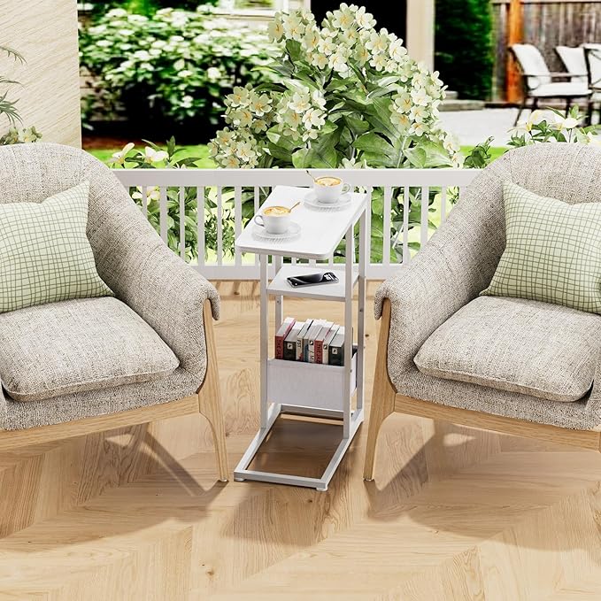 C Shaped End Table, Small Side Table for Couch, Recliner, Slide Under Sofa Tray Desk Snack Tables with Storage Bag for Living Room,Bedroom, Small Spaces - White