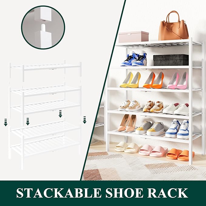 Smiry Shoe Rack, 4 Tier Thick Bamboo Shoe Organizer, Stackable Free Standing Wooden Shoe Storage Shelf for Closet, Entryway, Front Door Entrance, White-NeatNest