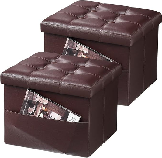 AmasSmile 2PC Storage Ottoman Folding Foot Rest Stool with Side Pocket, 16 inch Leather Footstool Bench, Short Ottoman Bench, Storage Foot Rest Store, Books, Brown-NeatNest