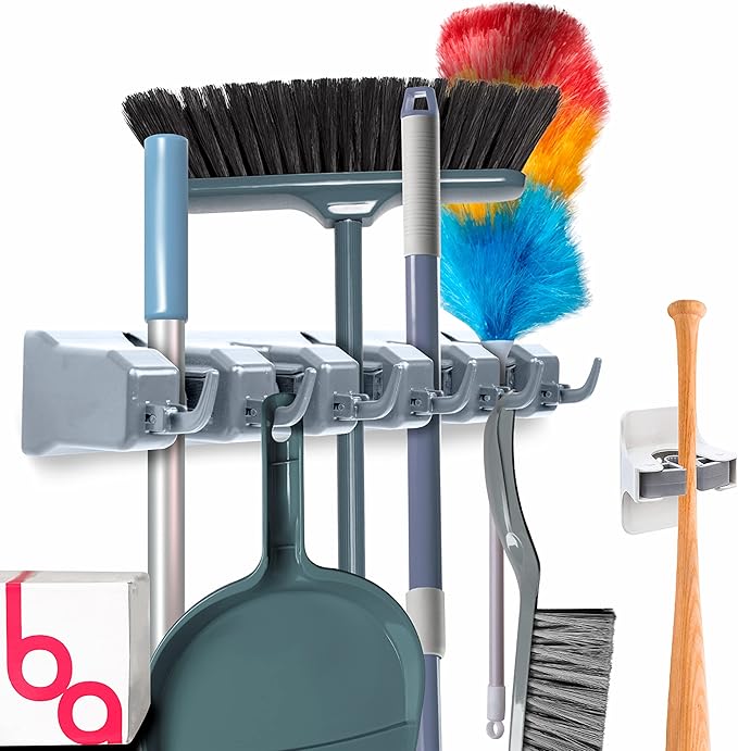 Combo 5 Slot Broom Holder w/ 1 Self Adhesive Mop Gripper No-Drilling, Wall Mount Tool Organizers For Kitchen, Garage, Laundry Room- Anti-Slip Hanger For Brooms, Mops, Rakes, Dustpans (Grey / White)-NeatNest