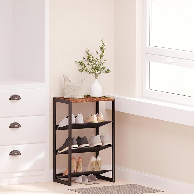 Narrow 4-Tier Shoe Rack, Slim Space-Saving Shelf with Decorative Wood Top & Steel Mesh, Entryway/Closet/Dorm Organizer, 16.5x11.8x27.9 Inches-NeatNest