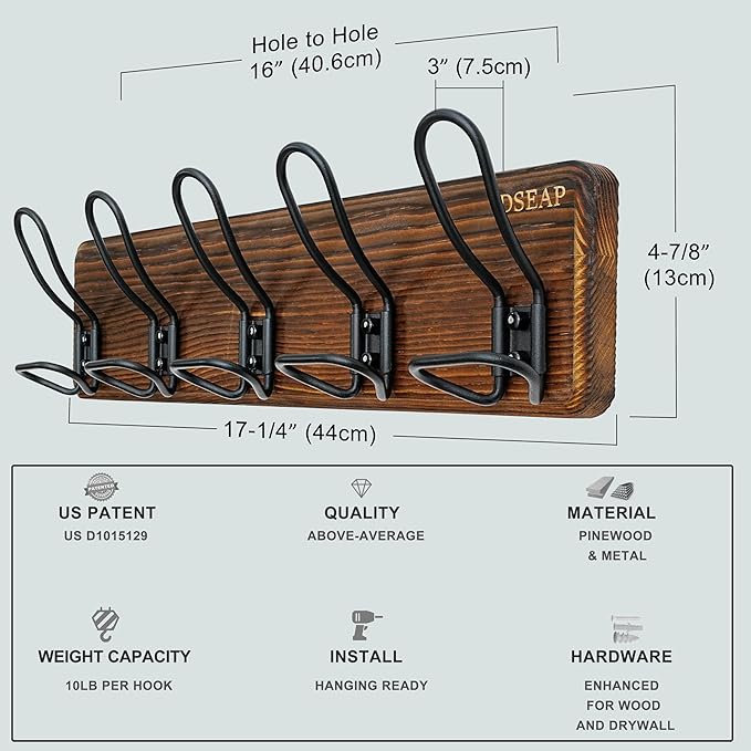 Dseap Coat Rack Wall Mounted - Heavy Duty Farmhouse Rustic Wall Coat Hanger with 5 Wire Hooks for Clothes Hat Jacket Towel, RusticWire, G25A, Rustic Brown & Black-NeatNest
