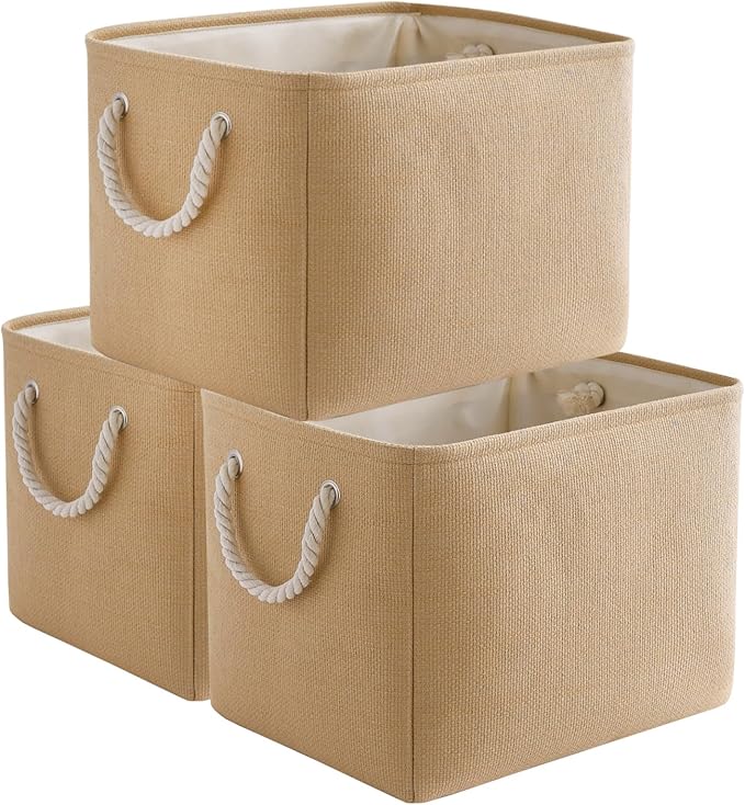 TheWarmHome Organization and Storage Basket for Organizing - 3 Pack 16x12x12 inch Cube Fabric Storage Cubes, Storage Bin for Shelves Gift Closet Organizer Cloth Toy (Beige)-NeatNest