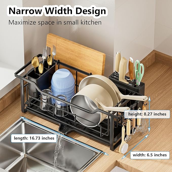 Narrow Dish Drying Rack for Kitchen Counter Auto Drain Iron Dish Drainer with Removable Cutlery Basket, Black