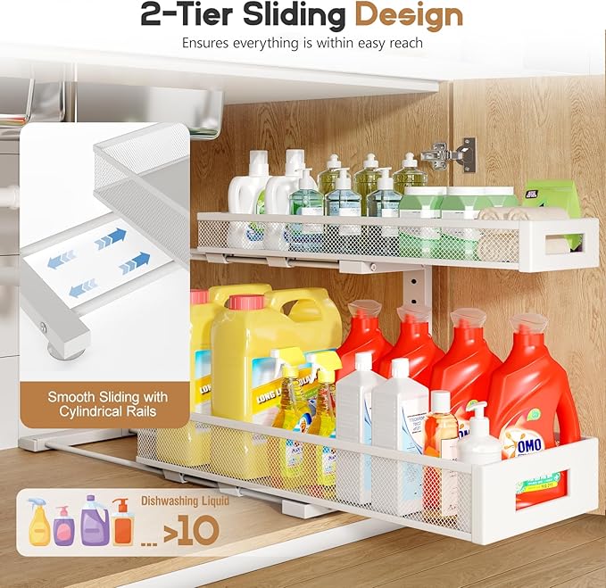 1 Pack 20.47IN Depth Under Sink Storage Organizer, Large 2-Tier Elegant Mesh Pull Out Shelf for Kitchen and Bathroom Cabinet Organization, L-Shaped and Adjustable Height Design-White-NeatNest