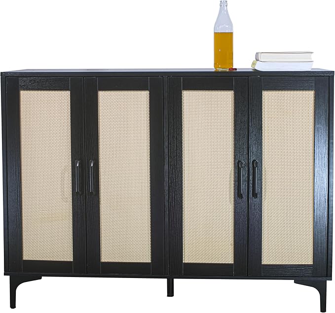 Buffet Sideboard, Side Storage Cabinet, entryway Cabinet, Buffet Sideboard with Rattan, Featuring 4 Doors and Adjustable Shelves, Suitable for Living Room (Black)-NeatNest