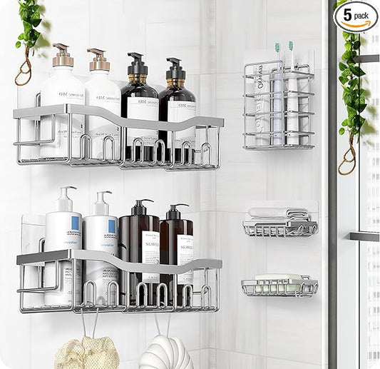 Luxury Style 5 Pack Stainless Steel Adhesive Shower Caddy Set - Rustproof Bathroom Organizer with Large Capacity Storage| No Drilling Shelves Shower Caddy Organizer | Bathroom Decor (Shiny Silver)