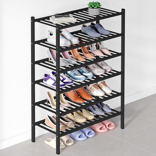 Smiry Bamboo Shoe Rack for Closet, 6 Tier Wooden Stackable Shoe Organizer, Free Standing Shoes Storage Shelf for Entryway, Front Door Entrance, Black-NeatNest