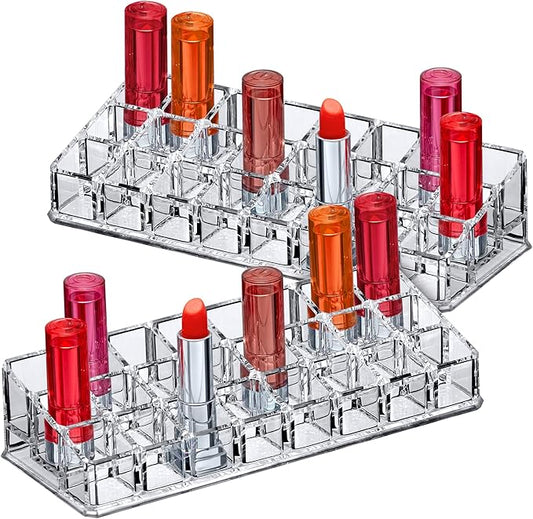 Amazing Abby - Glamour - 2-Pack 24-Slot Acrylic Lipstick Organizer, Lipstick Holder, Lip Gloss Holder, Cosmetic Storage Display, Perfect Storage Solution for Drawer and Vanity (Slot Size: 0.9" x 0.9")-NeatNest