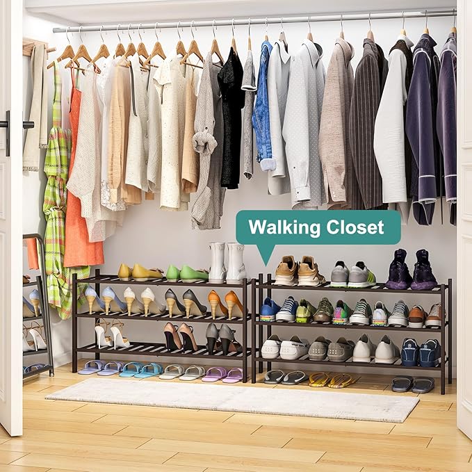 Long Shoe Rack, Bamboo Wood Shoe Rack for Closet, Entryway & Hallway, 3-Tier Stackable Shoe Shelf-NeatNest