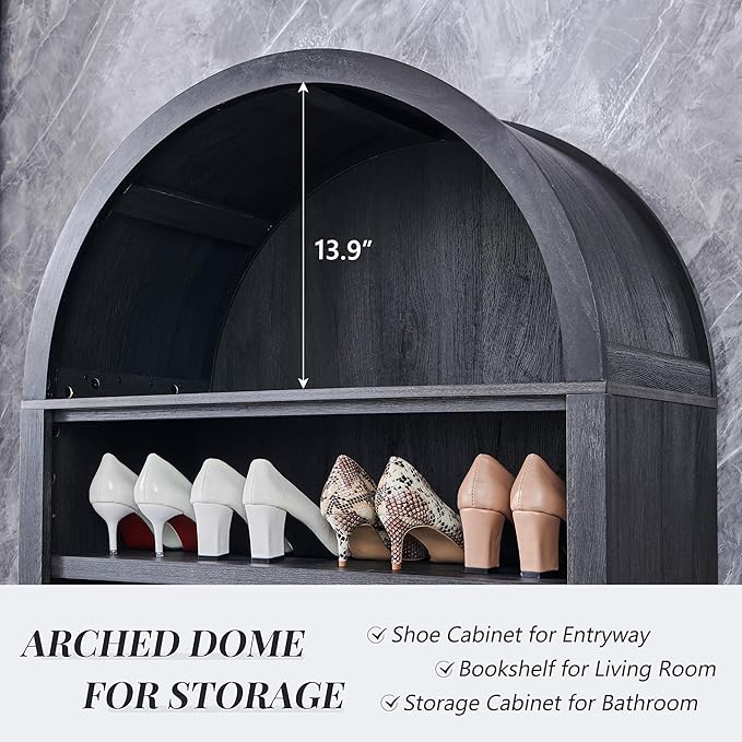 71" Tall Arched Shoe Storage Cabinet, 7 Tiers 28 Pairs Wooden Shoe Rack with 3 Adjustable Shelves, Freestanding Shoe Closet Shelf Organizer for Entryway, Hallway, Living Room (Dark Grey)-NeatNest